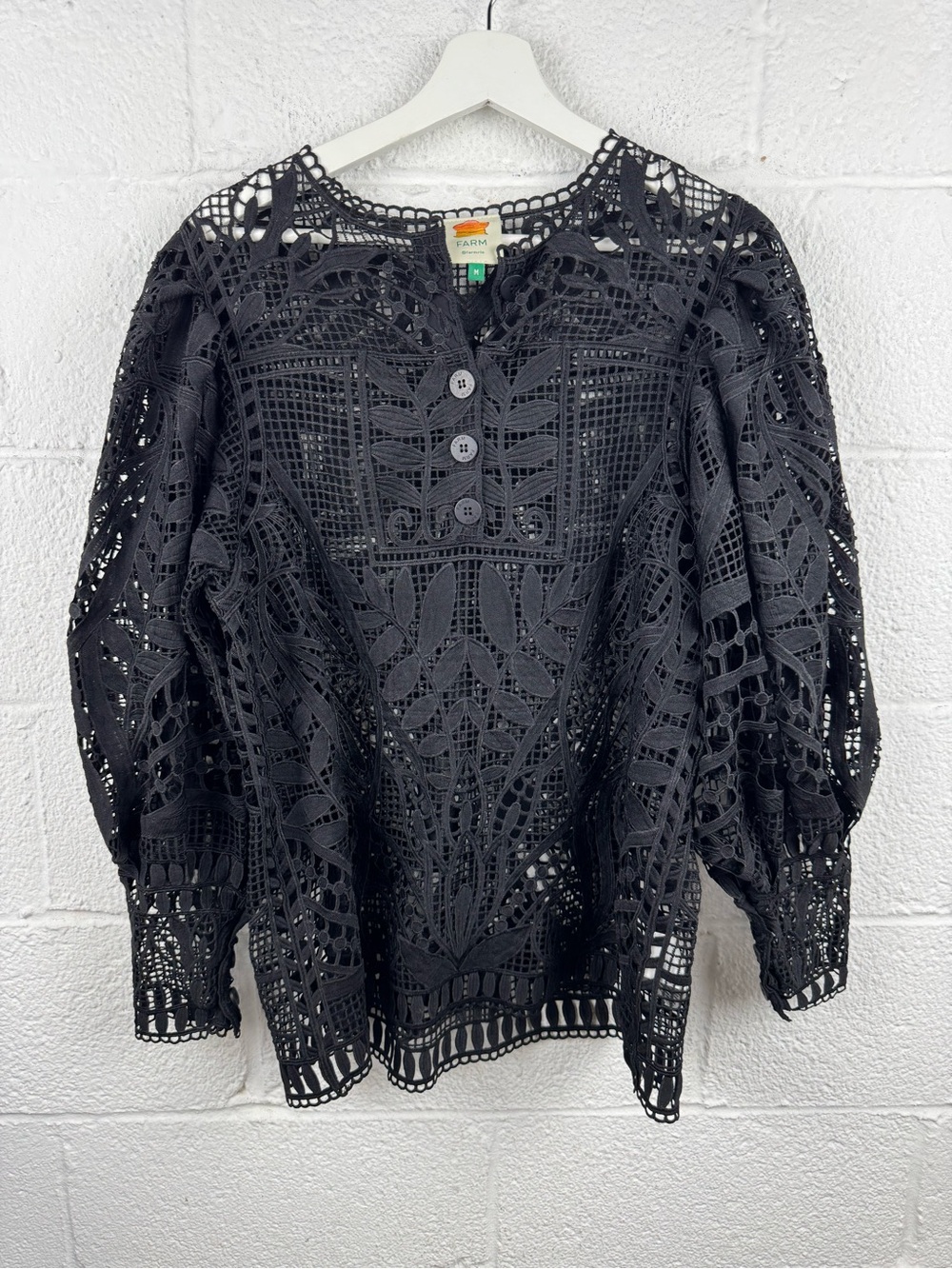 FARM Rio Black Guipure Lace Puff Sleeve Blouse Top Size M Sheer - Picture 4 of 11